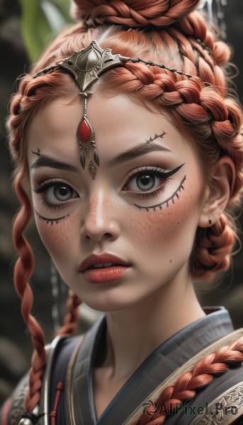 1girl,solo,long hair,looking at viewer,hair ornament,jewelry,braid,red hair,earrings,parted lips,artist name,hair bun,mole,blurry,black eyes,twin braids,lips,grey eyes,eyelashes,makeup,depth of field,blurry background,piercing,single hair bun,tiara,lipstick,gem,portrait,eyeshadow,freckles,circlet,realistic,nose,red lips,eyeliner,mascara,multiple braids,mole on cheek,blush,necklace,orange hair,facial mark,mole under mouth,updo