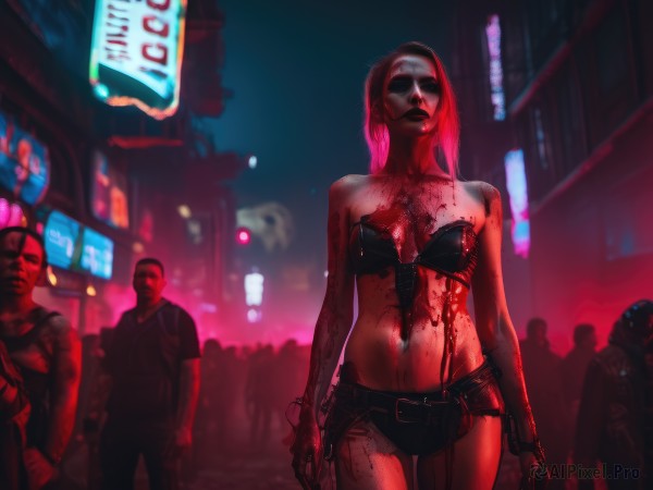 1girl,long hair,breasts,gloves,navel,cleavage,bare shoulders,medium breasts,underwear,panties,weapon,pink hair,outdoors,multiple boys,shorts,solo focus,midriff,belt,bra,blurry,lips,gun,short shorts,strapless,blood,makeup,mask,night,blurry background,glowing,lipstick,black bra,science fiction,blood on face,city,sign,realistic,red lips,blood on clothes,police,police uniform,blood splatter,cyberpunk,neon lights,looking at viewer,holding,jewelry,standing,red hair,cowboy shot,small breasts,pants,thigh gap,sunglasses,facing viewer,walking,multiple others,street,blood on hands,alley