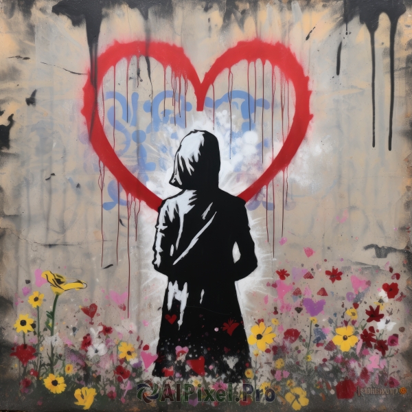 solo,1boy,standing,flower,male focus,heart,hood,from behind,coat,hood up,yellow flower,silhouette,graffiti,artist name,shadow,watermark,red flower