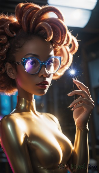 1girl,solo,breasts,looking at viewer,short hair,blue eyes,brown hair,jewelry,medium breasts,upper body,earrings,small breasts,parted lips,glasses,shiny,artist name,hand up,dark skin,blurry,dark-skinned female,lips,bodysuit,makeup,blurry background,turtleneck,watermark,sunglasses,lipstick,skin tight,curly hair,shiny clothes,glint,big hair,latex,very dark skin,blue-framed eyewear,dreadlocks,afro,blue-tinted eyewear,one eye closed,indoors,fingernails,shiny skin,backlighting,nose,round eyewear,stud earrings,tinted eyewear,fireworks,yellow-framed eyewear,sparkler,yellow bodysuit