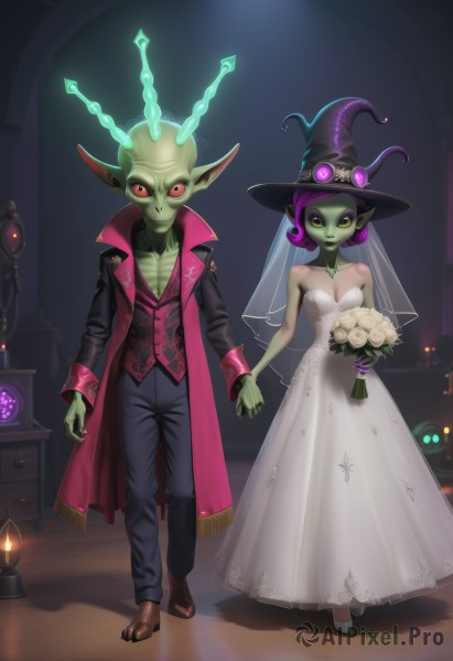 1girl,breasts,looking at viewer,smile,short hair,red eyes,1boy,hat,dress,cleavage,bare shoulders,jewelry,medium breasts,green eyes,full body,purple hair,flower,hetero,earrings,pointy ears,pants,necklace,cape,white dress,vest,strapless,makeup,witch hat,rose,colored skin,holding hands,white footwear,ring,couple,white flower,veil,strapless dress,colored sclera,height difference,bouquet,wedding dress,antennae,black sclera,witch,candle,bridal veil,green skin,white rose,holding bouquet,bride,pearl necklace,husband and wife,wedding,ornate ring,gloves,holding,multicolored hair,open clothes,shoes,barefoot,elbow gloves,artist name,white gloves,signature,coat,lipstick,goggles,black nails,black coat,long dress,purple headwear,grey skin,black lips,green lips,groom