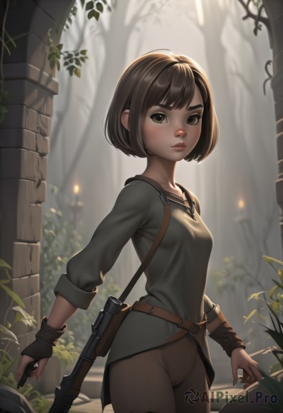 1girl,solo,breasts,looking at viewer,short hair,bangs,brown hair,shirt,gloves,long sleeves,brown eyes,standing,weapon,cowboy shot,small breasts,boots,outdoors,parted lips,day,black gloves,belt,pants,sword,artist name,fingerless gloves,blurry,tree,lips,gun,blurry background,thigh boots,bob cut,thick eyebrows,plant,sheath,nature,grey shirt,forest,backlighting,freckles,pouch,sheathed,nose,arms at sides,leather,brown pants,strap,blush,holding,closed mouth,holding weapon,fingernails,knife,holding gun,rifle,green shirt,torch