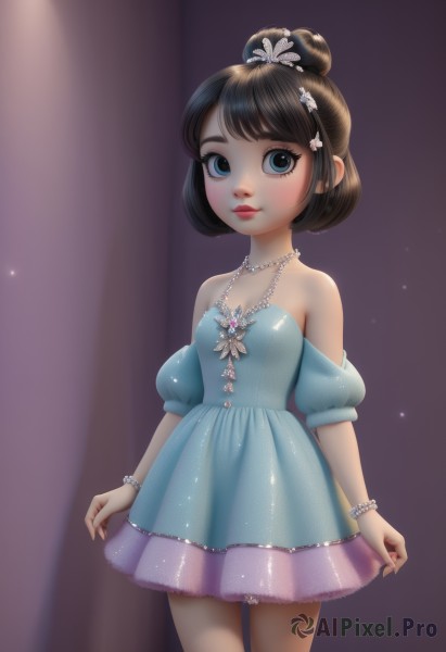 1girl,solo,breasts,looking at viewer,smile,short hair,bangs,blue eyes,brown hair,black hair,hair ornament,dress,bare shoulders,jewelry,closed mouth,standing,short sleeves,cowboy shot,small breasts,detached sleeves,puffy sleeves,necklace,hair bun,flat chest,bracelet,lips,strapless,makeup,blue dress,single hair bun,tiara,child,beads,female child,bead bracelet,pearl necklace,pearl bracelet,tutu,short dress,gem,strapless dress,princess