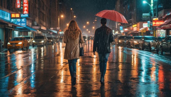 1girl, long hair, short hair, brown hair, black hair, 1boy, holding, jacket, outdoors, sky, pants, bag, from behind, black footwear, night, umbrella, denim, ground vehicle, building, motor vehicle, reflection, walking, rain, jeans, handbag, holding umbrella, city, car, road, lamppost, street, red umbrella, crosswalk