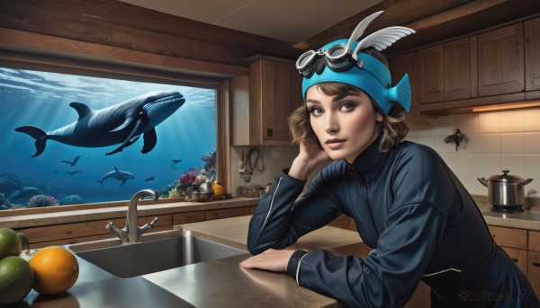 1girl,solo,looking at viewer,smile,short hair,brown hair,long sleeves,brown eyes,jewelry,earrings,parted lips,food,indoors,water,cup,lips,fruit,bird,animal,table,sunlight,feathers,goggles,fish,goggles on head,head rest,nose,bandana,orange (fruit),shark,dolphin,wetsuit,aquarium,hat,helmet,realistic,grapes,kitchen,sink,counter,faucet,stove