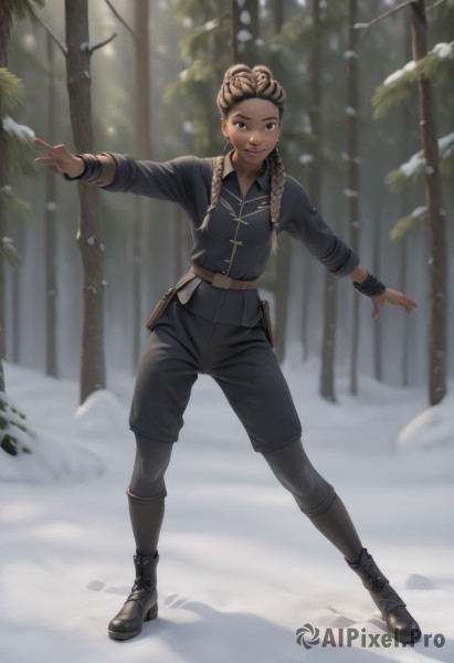 1girl,solo,long hair,looking at viewer,smile,brown hair,shirt,long sleeves,brown eyes,closed mouth,standing,full body,braid,boots,outdoors,shorts,day,belt,pants,dark skin,black footwear,blurry,uniform,black eyes,twin braids,dark-skinned female,tree,military,military uniform,blurry background,black pants,outstretched arms,wristband,nature,hair over shoulder,snow,buckle,forest,legs apart,pouch,belt buckle,snowing,brown belt,holster,animification,winter,belt pouch,jacket,artist name,lips,black shorts,blue jacket,freckles