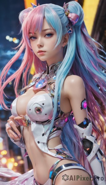 1girl,solo,long hair,breasts,looking at viewer,bangs,blue eyes,large breasts,hair ornament,gloves,navel,cleavage,bare shoulders,medium breasts,very long hair,blue hair,pink hair,multicolored hair,parted lips,elbow gloves,fingerless gloves,hair bun,nail polish,blurry,two-tone hair,lips,double bun,makeup,blurry background,revealing clothes,science fiction,realistic,nose,fingernails,android,split-color hair