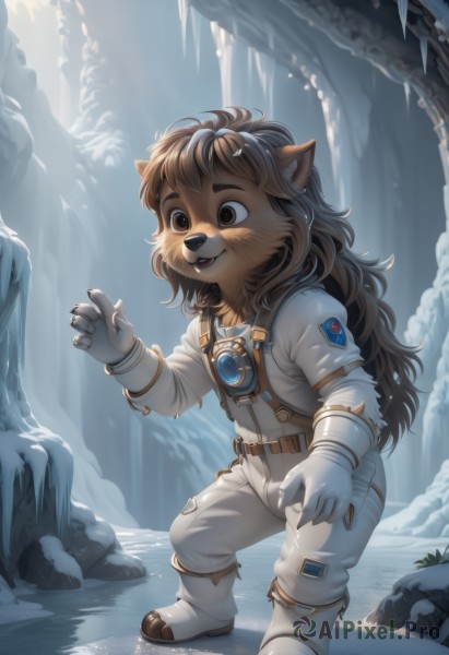 1girl,solo,long hair,smile,open mouth,brown hair,gloves,1boy,animal ears,brown eyes,jewelry,standing,full body,male focus,boots,outdoors,teeth,white gloves,tree,messy hair,child,nature,furry,snow,forest,rock,furry female,furry male,blush,bangs,long sleeves,very long hair,parted lips,artist name,signature,fangs,white footwear,freckles,jumpsuit,brown fur,spacesuit