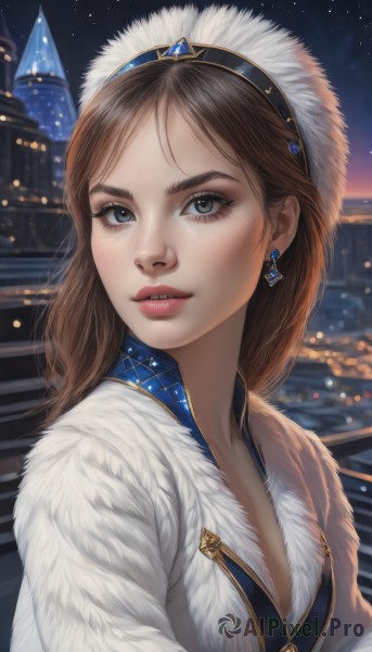 1girl,solo,long hair,breasts,looking at viewer,brown hair,hat,cleavage,jewelry,upper body,hairband,earrings,small breasts,outdoors,parted lips,sky,black eyes,lips,coat,grey eyes,fur trim,eyelashes,makeup,night,building,gem,star (sky),night sky,starry sky,freckles,realistic,nose,fur hat,bangs,teeth,blurry,parted bangs,thick eyebrows,white coat