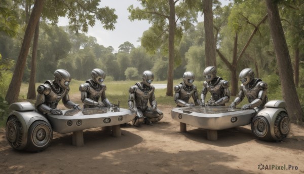 sitting,male focus,outdoors,food,multiple boys,day,armor,tree,military,no humans,table,helmet,robot,ground vehicle,nature,motor vehicle,forest,science fiction,6+boys,car,weapon,military vehicle,tank