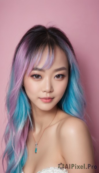 1girl,solo,long hair,breasts,looking at viewer,smile,bangs,simple background,black hair,dress,cleavage,bare shoulders,brown eyes,jewelry,medium breasts,closed mouth,blue hair,collarbone,upper body,pink hair,multicolored hair,frills,necklace,two-tone hair,lips,eyelashes,strapless,gradient hair,makeup,pink background,pendant,realistic,nose,purple hair