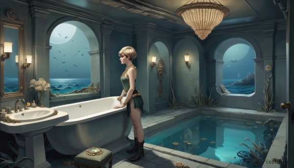 1girl,solo,breasts,short hair,skirt,blonde hair,dress,bare shoulders,jewelry,medium breasts,standing,closed eyes,boots,sleeveless,indoors,miniskirt,water,necklace,black footwear,bracelet,from side,window,profile,night,bird,ocean,animal,chair,moon,table,plant,scenery,side slit,reflection,fish,door,tiles,lamp,candle,watercraft,tile floor,wide shot,pillar,vase,boat,chandelier,aquarium,blue eyes,green dress