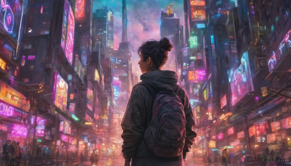 1girl, short hair, black hair, jacket, outdoors, sky, solo focus, hood, bag, hair bun, from behind, night, single hair bun, backpack, building, scenery, city, sign, realistic, cityscape, crowd, city lights, cyberpunk, neon lights