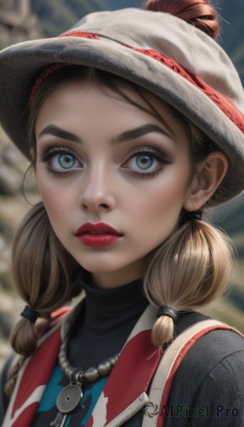 1girl,solo,long hair,looking at viewer,blue eyes,brown hair,shirt,hat,twintails,jewelry,closed mouth,upper body,parted lips,necklace,blurry,lips,eyelashes,makeup,blurry background,lipstick,portrait,freckles,nose,hair tie,red lips,bangs,blonde hair,green eyes,outdoors,artist name,signature,grey eyes,depth of field,turtleneck,thick eyebrows,realistic,mascara