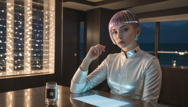 1girl,solo,short hair,bangs,brown hair,shirt,long sleeves,brown eyes,jewelry,sitting,closed mouth,white shirt,upper body,purple hair,earrings,sky,indoors,hand up,blunt bangs,cup,lips,see-through,looking to the side,window,makeup,night,looking away,table,reflection,science fiction,paper,lamp,breasts,looking at viewer,collared shirt,dark skin,dress shirt,lipstick,realistic,nose,computer,laptop,cyberpunk