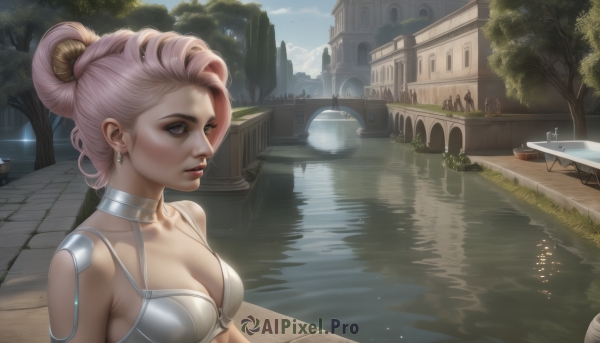 1girl,solo,breasts,looking at viewer,cleavage,brown eyes,jewelry,medium breasts,closed mouth,collarbone,upper body,pink hair,earrings,outdoors,parted lips,sky,choker,day,cloud,water,hair bun,armor,tree,lips,grey eyes,single hair bun,building,scenery,reflection,science fiction,realistic,nose,watercraft,bridge,river,boat,lake,short hair,blue eyes,underwear,artist name,bra,pool