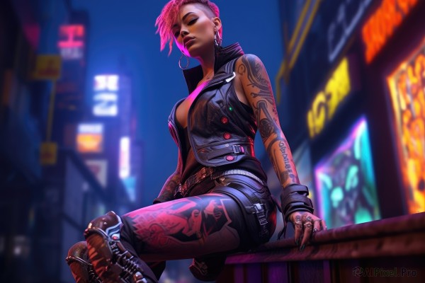 1girl,solo,breasts,short hair,large breasts,cleavage,jewelry,medium breasts,sitting,jacket,closed eyes,pink hair,earrings,boots,outdoors,open clothes,sleeveless,belt,pants,nail polish,blurry,vest,lips,no bra,tattoo,makeup,night,depth of field,blurry background,piercing,ring,crossed legs,lipstick,ear piercing,black nails,hoop earrings,realistic,nose,arm tattoo,knee pads,undercut,facial tattoo,thumb ring,cyberpunk,neck tattoo,neon lights,looking at viewer,pantyhose,parted lips,shorts,dark skin,dark-skinned female,fingernails,short shorts,sideboob,denim,wristband,very short hair,leg tattoo,mohawk