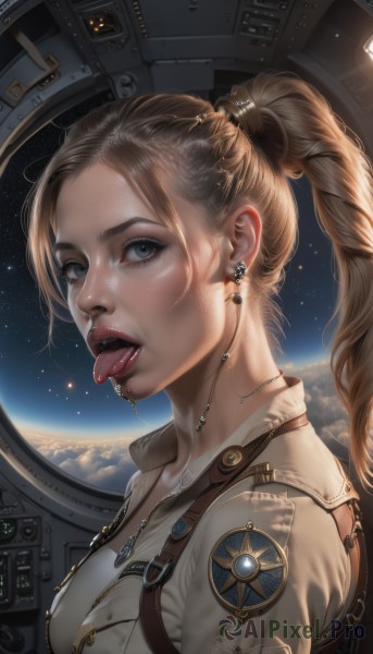 1girl,solo,long hair,breasts,looking at viewer,open mouth,blue eyes,blonde hair,brown hair,jewelry,medium breasts,upper body,ponytail,earrings,teeth,tongue,tongue out,necklace,star (symbol),from side,lips,grey eyes,eyelashes,makeup,piercing,high ponytail,ear piercing,star (sky),zipper,freckles,science fiction,realistic,nose,space,leather,planet,earth (planet),spacesuit,tongue piercing,hair ornament,jacket,braid,sky,artist name,signature,uniform,window,saliva,upper teeth only,forehead,backlighting,hair tie,emblem,badge,mascara,insignia,pilot,astronaut