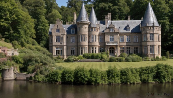 outdoors,sky,day,cloud,water,tree,blue sky,no humans,window,grass,building,nature,scenery,forest,bush,house,river,castle,reflection,fantasy,bridge,tower,lake,church,arch,reflective water