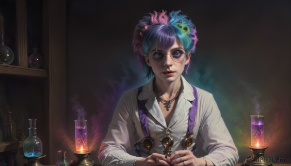 1girl,solo,looking at viewer,short hair,bangs,blue eyes,shirt,hair ornament,long sleeves,jewelry,blue hair,white shirt,upper body,purple hair,multicolored hair,parted lips,glasses,collared shirt,artist name,indoors,signature,necklace,nail polish,two-tone hair,lips,dress shirt,makeup,glowing,ring,suspenders,bottle,fire,lipstick,black nails,pendant,smoke,realistic,nose,round eyewear,candle,test tube,vial,teeth,freckles,flask