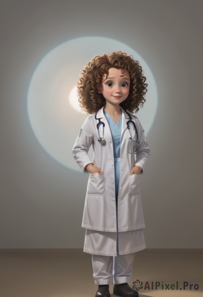 1girl,solo,long hair,looking at viewer,smile,brown hair,brown eyes,standing,full body,shoes,pants,dark skin,black footwear,dark-skinned female,lips,coat,shadow,child,curly hair,realistic,nose,hands in pockets,labcoat,female child,big hair,stethoscope,afro,doctor,blush,watermark,web address