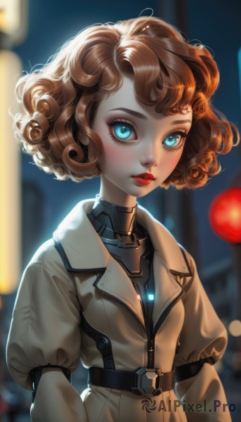 1girl,solo,looking at viewer,short hair,blue eyes,brown hair,long sleeves,upper body,outdoors,parted lips,puffy sleeves,belt,artist name,blurry,lips,coat,eyelashes,makeup,night,depth of field,blurry background,glowing,lipstick,freckles,science fiction,curly hair,nose,red lips,brown coat,cyborg,blush,bangs,closed mouth,small breasts,backlighting,android,mascara