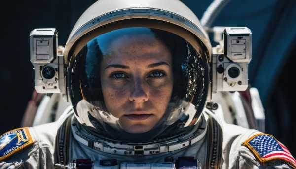 1girl,solo,looking at viewer,black hair,1boy,closed mouth,upper body,male focus,artist name,signature,blurry,black eyes,lips,blurry background,helmet,portrait,freckles,reflection,science fiction,realistic,space,straight-on,american flag,spacesuit,space helmet,astronaut,blue eyes,expressionless,planet,dirty,earth (planet),japanese flag,united states