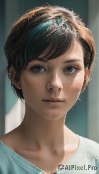 1girl,solo,looking at viewer,short hair,bangs,blue eyes,brown hair,shirt,hair ornament,jewelry,collarbone,white shirt,earrings,parted lips,teeth,blurry,lips,blurry background,piercing,messy hair,portrait,freckles,realistic,nose,stud earrings,black hair,multicolored hair,streaked hair,eyelashes,blood,blood on face