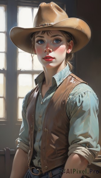 1girl,solo,looking at viewer,blush,short hair,blue eyes,brown hair,shirt,hat,jewelry,white shirt,upper body,earrings,parted lips,day,collared shirt,belt,pants,indoors,vest,lips,window,dress shirt,makeup,buttons,blue shirt,denim,lipstick,buckle,sleeves rolled up,freckles,belt buckle,realistic,nose,brown headwear,red lips,stud earrings,cowboy hat,brown vest,cowboy western,jacket,heart,open clothes,sunlight,backlighting,jeans,unbuttoned,brown belt,blue vest,sleeves pushed up,sidelighting,denim jacket