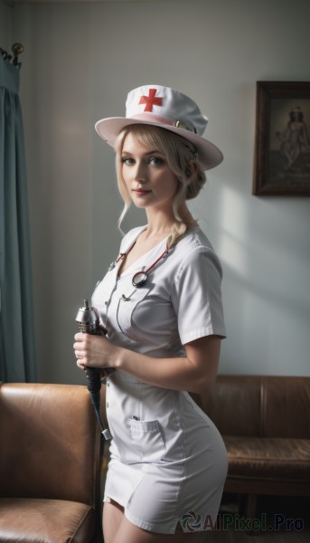 1girl,solo,breasts,looking at viewer,blue eyes,blonde hair,hat,dress,holding,medium breasts,standing,weapon,short sleeves,cowboy shot,indoors,holding weapon,white dress,lips,cross,couch,realistic,nurse cap,nurse,stethoscope,red cross,sword