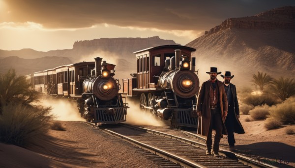 black hair,gloves,1boy,hat,standing,male focus,outdoors,multiple boys,necktie,sky,cloud,2boys,tree,coat,black headwear,facial hair,grass,ground vehicle,scenery,walking,top hat,mountain,trench coat,train,railroad tracks,steampunk,holding,boots,pants,mask,black pants,robot,cane