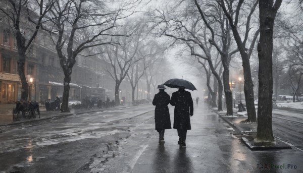 hat,holding,standing,outdoors,multiple boys,2boys,tree,coat,umbrella,ground vehicle,building,scenery,motor vehicle,snow,reflection,walking,rain,snowing,holding umbrella,city,car,road,winter,multiple others,lamppost,bare tree,street,puddle,1girl,sky,people,grey theme,black umbrella