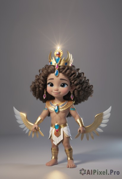 1girl,solo,long hair,breasts,looking at viewer,smile,blue eyes,brown hair,black hair,navel,jewelry,standing,full body,earrings,small breasts,wings,barefoot,dark skin,grey background,necklace,chibi,dark-skinned female,lips,crown,gem,child,feathered wings,pelvic curtain,curly hair,anklet,bracer,loincloth,blush,simple background,holding,brown eyes,closed mouth,artist name,medium hair,black eyes,bracelet,aged down,armlet,headpiece