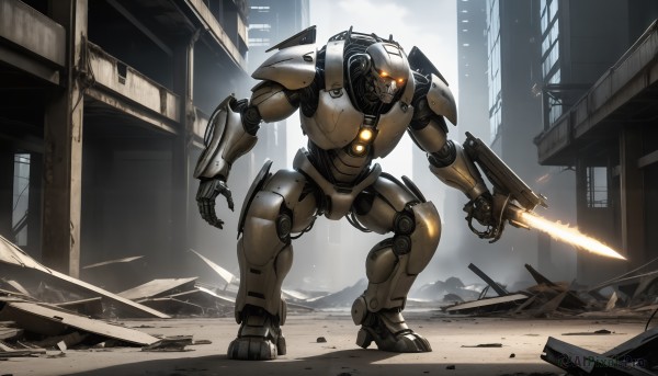 HQ,solo,holding,standing,weapon,sword,holding weapon,gun,no humans,glowing,holding sword,robot,building,holding gun,mecha,glowing eyes,science fiction,city,realistic,open hand,ruins,energy sword,arm blade,red eyes,1boy,outdoors,armor,orange eyes,power armor,debris,dust