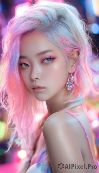 1girl,solo,long hair,breasts,looking at viewer,blue eyes,bare shoulders,jewelry,closed mouth,blue hair,upper body,pink hair,white hair,multicolored hair,earrings,blurry,from side,two-tone hair,lips,looking to the side,eyelashes,gradient hair,makeup,blurry background,portrait,eyeshadow,realistic,nose,bangs,dress,sleeveless,artist name,signature,depth of field,watermark,expressionless,lipstick,gem,eyeliner,bokeh,mascara