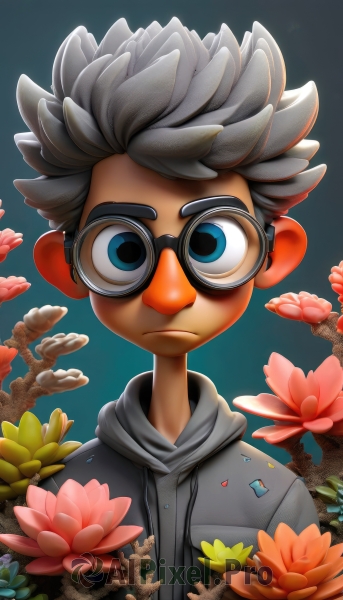 solo,looking at viewer,short hair,blue eyes,1boy,closed mouth,jacket,upper body,flower,grey hair,male focus,glasses,hood,gradient,gradient background,hoodie,frown,leaf,blue background,hood down,spiked hair,goggles,pink flower,male child,straight-on,grey hoodie,artist name,child,black-framed eyewear,drawstring