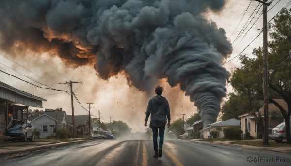 solo, 1boy, male focus, outdoors, sky, cloud, hood, from behind, tree, hoodie, cloudy sky, ground vehicle, building, scenery, motor vehicle, smoke, walking, car, road, house, power lines, street, utility pole