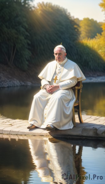 solo,short hair,long sleeves,1boy,dress,jewelry,sitting,closed mouth,full body,male focus,outdoors,shoes,day,water,necklace,black footwear,blurry,tree,capelet,facial hair,chair,sunlight,own hands together,cross,beard,reflection,robe,mustache,bald,cross necklace,white capelet,old,old man,priest,reflective water,wrinkled skin,looking at viewer,white hair,artist name,black eyes,thick eyebrows,grass,scenery,realistic,river,lake,latin cross