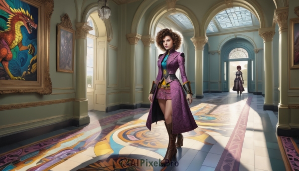 1girl,breasts,looking at viewer,short hair,multiple girls,skirt,brown hair,long sleeves,1boy,2girls,brown eyes,jewelry,standing,full body,boots,necktie,shorts,solo focus,belt,indoors,2boys,high heels,lips,coat,window,makeup,brown footwear,formal,sunlight,knee boots,suit,lipstick,high heel boots,walking,curly hair,door,dragon,painting (object),stained glass,hallway,carpet,purple shorts,afro,long hair,dress,medium breasts,weapon,bracelet,shadow,statue