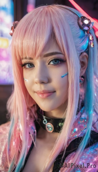 1girl,solo,long hair,breasts,looking at viewer,smile,bangs,blue eyes,hair ornament,cleavage,jewelry,closed mouth,blue hair,jacket,upper body,pink hair,multicolored hair,earrings,choker,blurry,collar,two-tone hair,lips,grey eyes,eyelashes,makeup,blurry background,black choker,portrait,realistic,nose,k/da (league of legends),blonde hair,depth of field,close-up,science fiction,cyberpunk