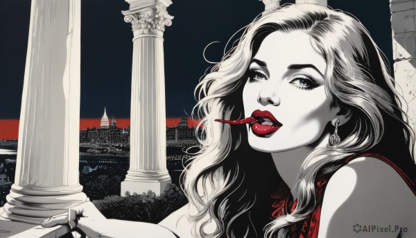 1girl,solo,long hair,looking at viewer,dress,jewelry,monochrome,earrings,tongue,tongue out,lips,eyelashes,makeup,wavy hair,lipstick,building,spot color,red lips,limited palette,pillar,column,upper body,parted lips,sky,night,mouth hold,ring,thick lips