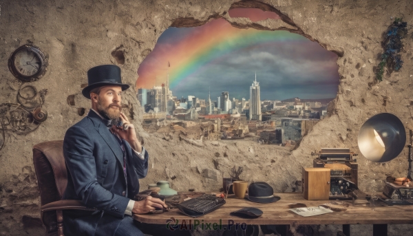 solo,brown hair,1boy,hat,sitting,jacket,male focus,necktie,sky,cloud,book,black headwear,facial hair,chair,formal,table,suit,building,scenery,beard,watch,top hat,city,realistic,mustache,clock,pen,cityscape,rainbow,fedora,cup,phone,desk,lamp,computer,skyline,corded phone