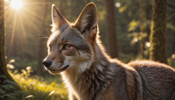 solo,brown eyes,closed mouth,outdoors,day,blurry,tree,no humans,depth of field,blurry background,animal,scar,sunlight,cat,plant,nature,lens flare,forest,realistic,sun,animal focus,whiskers,smile,yellow eyes,signature