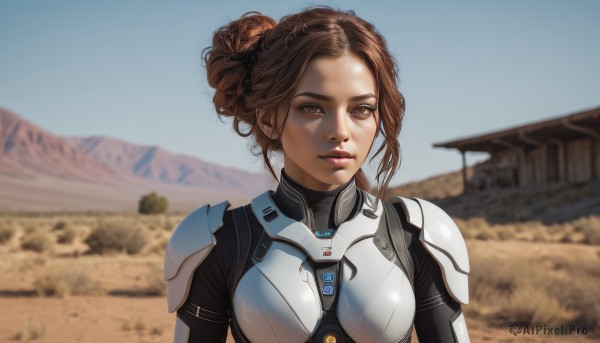 1girl,solo,looking at viewer,short hair,brown hair,brown eyes,upper body,outdoors,sky,day,hair bun,armor,blurry,blue sky,lips,bodysuit,blurry background,single hair bun,shoulder armor,breastplate,mountain,realistic,breasts,depth of field,science fiction,nose,desert