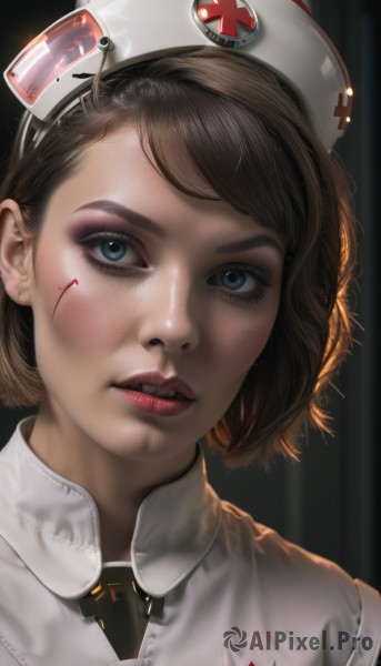 1girl,solo,looking at viewer,short hair,bangs,blue eyes,brown hair,hat,parted lips,teeth,artist name,lips,eyelashes,blood,makeup,portrait,eyeshadow,blood on face,realistic,nose,nurse cap,red lips,nurse,red cross,upper body,watermark,lipstick,close-up,eyeliner,mascara