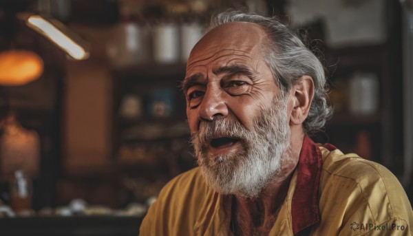 solo,smile,open mouth,shirt,1boy,upper body,white hair,grey hair,male focus,teeth,collared shirt,indoors,blurry,black eyes,blurry background,facial hair,portrait,beard,yellow shirt,realistic,mustache,old,old man,bar (place),wrinkled skin,looking at viewer,grey eyes,depth of field,scar,parody,manly