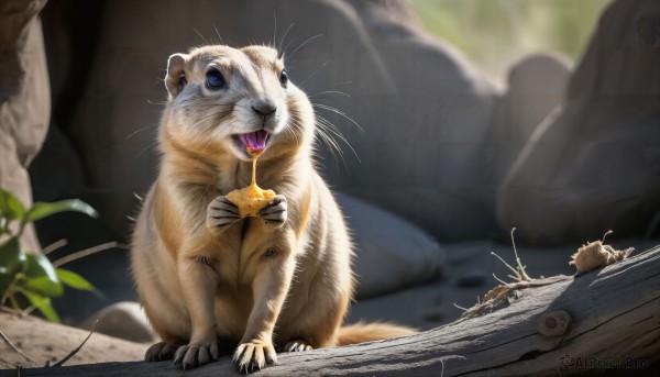 HQ,open mouth,blue eyes,holding,outdoors,food,day,tongue,signature,tongue out,blurry,no humans,saliva,fruit,depth of field,blurry background,animal,fangs,eating,cat,holding food,plant,rock,realistic,animal focus,mouse,whiskers,cheese,moss,oversized animal,pillow,sunlight,claws,light rays,chips (food)