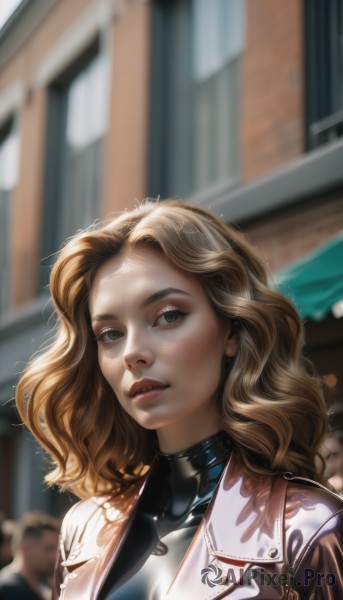 1girl,solo,long hair,looking at viewer,blonde hair,green eyes,jacket,upper body,parted lips,solo focus,day,artist name,medium hair,blurry,lips,bodysuit,depth of field,blurry background,wavy hair,forehead,freckles,curly hair,realistic,nose,brown hair,brown eyes,outdoors,open clothes,teeth,open jacket,eyelashes,thick eyebrows,portrait,leather,leather jacket