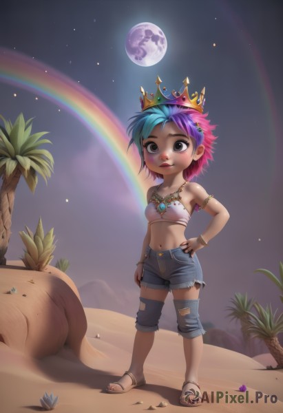 1girl,solo,breasts,looking at viewer,short hair,navel,bare shoulders,jewelry,blue hair,standing,collarbone,full body,pink hair,purple hair,flower,multicolored hair,small breasts,outdoors,parted lips,sky,shorts,teeth,midriff,pants,artist name,signature,dark skin,necklace,star (symbol),nail polish,black eyes,flat chest,bracelet,feet,two-tone hair,tree,lips,crop top,hand on hip,torn clothes,short shorts,eyelashes,makeup,toes,night,watermark,moon,sandals,crown,plant,denim,lipstick,gem,child,star (sky),night sky,red nails,web address,full moon,armlet,eyeshadow,personification,starry sky,arm at side,legs apart,contrapposto,toenails,denim shorts,jeans,sand,anklet,palm tree,toenail polish,female child,bangle,biting,rainbow,shell,torn pants,mascara,lip biting,flip-flops,torn jeans,rainbow hair,blush,brown eyes,aged down,armband,tube top