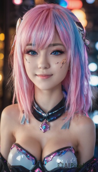 1girl,solo,long hair,breasts,looking at viewer,smile,bangs,blue eyes,hair ornament,cleavage,bare shoulders,jewelry,medium breasts,closed mouth,blue hair,upper body,pink hair,multicolored hair,choker,artist name,blurry,two-tone hair,lips,strapless,makeup,detached collar,blurry background,facial mark,gem,eyeshadow,realistic,nose,mascara,eyelashes,tattoo,depth of field,watermark,web address,bokeh